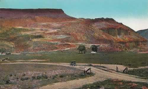 View of the switchbacks on Route 66 between Santa Fe and Albuquerque at the bottom of La Bajada Hill